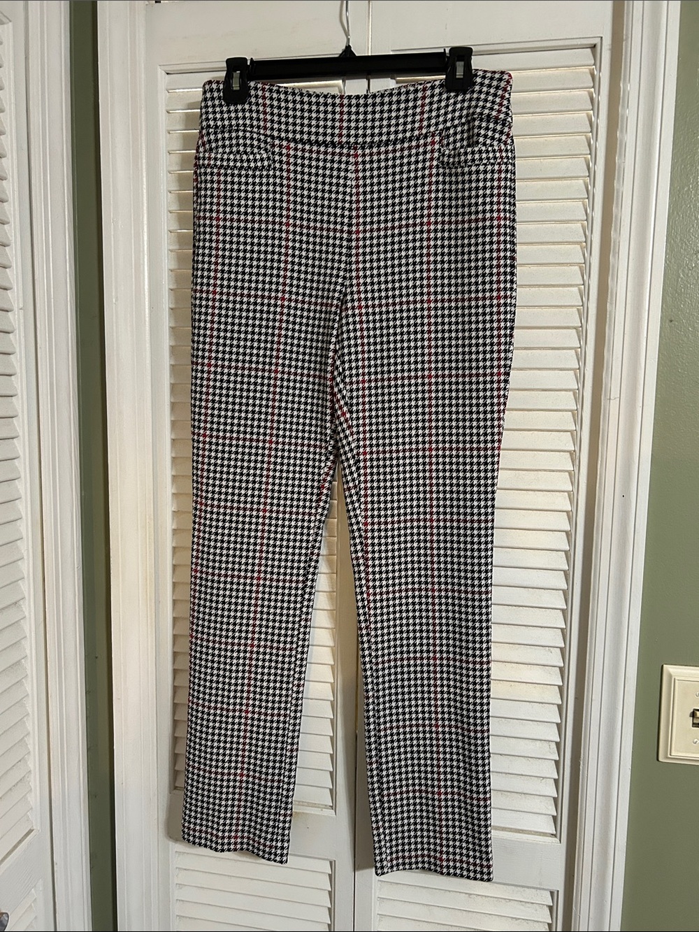 Kim Rogers Black & White Houndstooth Straight Leg Pants with Red Accents